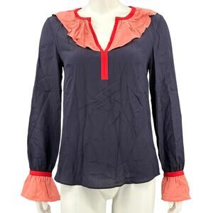 Boden Top Womens 4 Navy Pink Constance Ruffle Sheer Silk V-Neck Edwardian Preppy